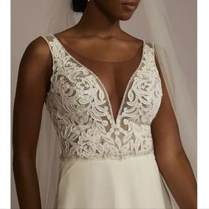 Galina Signature applique illusion chiffon bridal gown from davids bridal